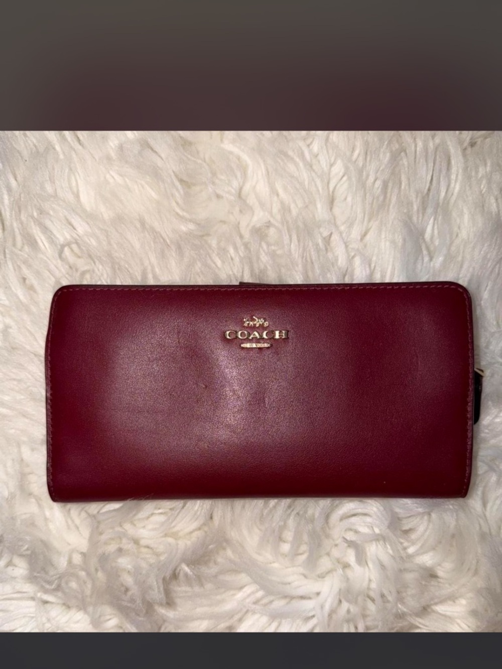 Coach Burgundy Leather Zip-Around Wallet with Gold Logo
